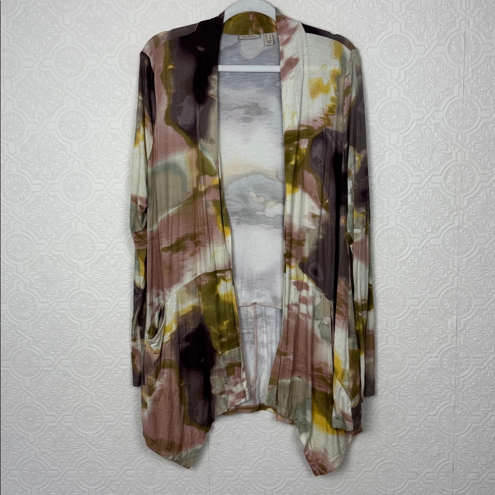 LOGO Lori Goldstein‎ Open Cardigan Tie Dye Artsy Abstract Earthy Tones Large